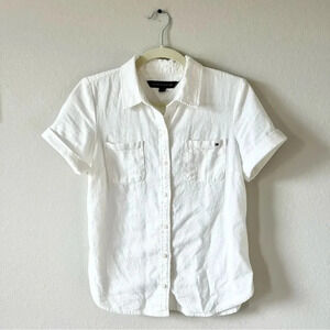 TOMMY HILFIGER white linen button down shirt short sleeve lightweight WOMENS XS